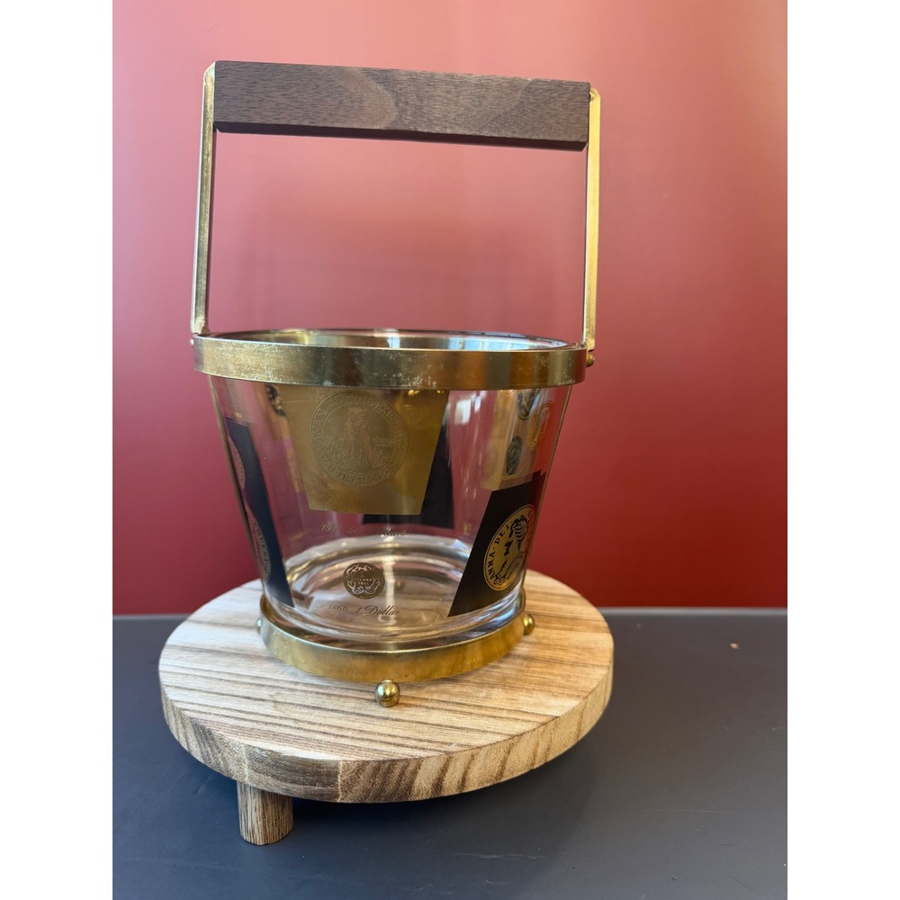 Cera Ambassador Gold Coin Ice Bucket and 4 Rocks Glasses MCM Barware Set - Picture 4 of 16